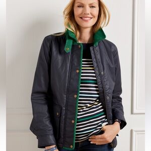 Talbots XL Corduroy Trim Coated Jacketed with Green Collar and Quilted Interior